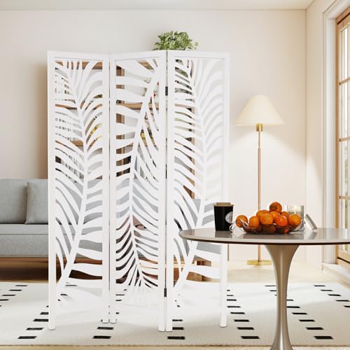 GIANTEX Paravent Pliable Interieur en Bois De Paulownia, 3 Pièces, Motifs Feuillages, Separateur de Pieces 170 x 121 cm, Cloison de Separation Interieur pour...