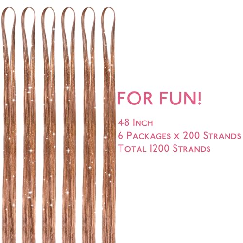 Image of WENNALIFE Hair Tinsel for Girls, Golden Brown Fairy Kit 1200 Strands 6PCS 48 Inch Heat Resistant Glitter Tinsel Hair Extensions Kit Christmas Feathers Sparkle Strands