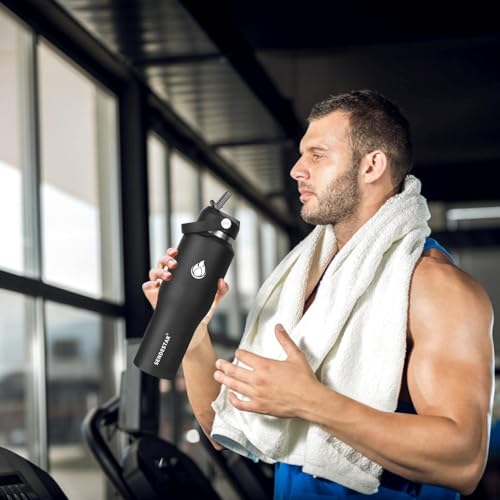 Image of SENDESTAR 40oz Stainless Steel Water Bottle(Cold for 48 Hrs, Hot for 24 Hrs),Double Wall Vacuum Insulated Bottle with Straw Lid, Spout Lid and Flex Cap, Fit in Any Car Cup Holder