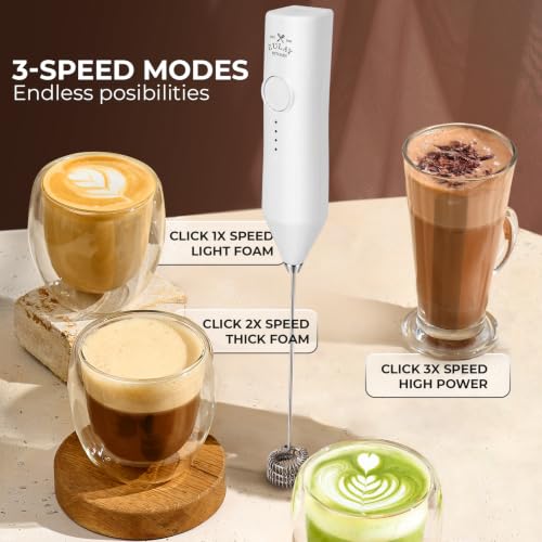 Image of Zulay Kitchen Rechargeable Milk Frother Handheld - Frother Wand, Drink Mixer, Electric Whisk Frother, for Cappuccinos, Matcha & Protein Powder - Dynamic Triple Whisk, 3 Speed 500mAh White