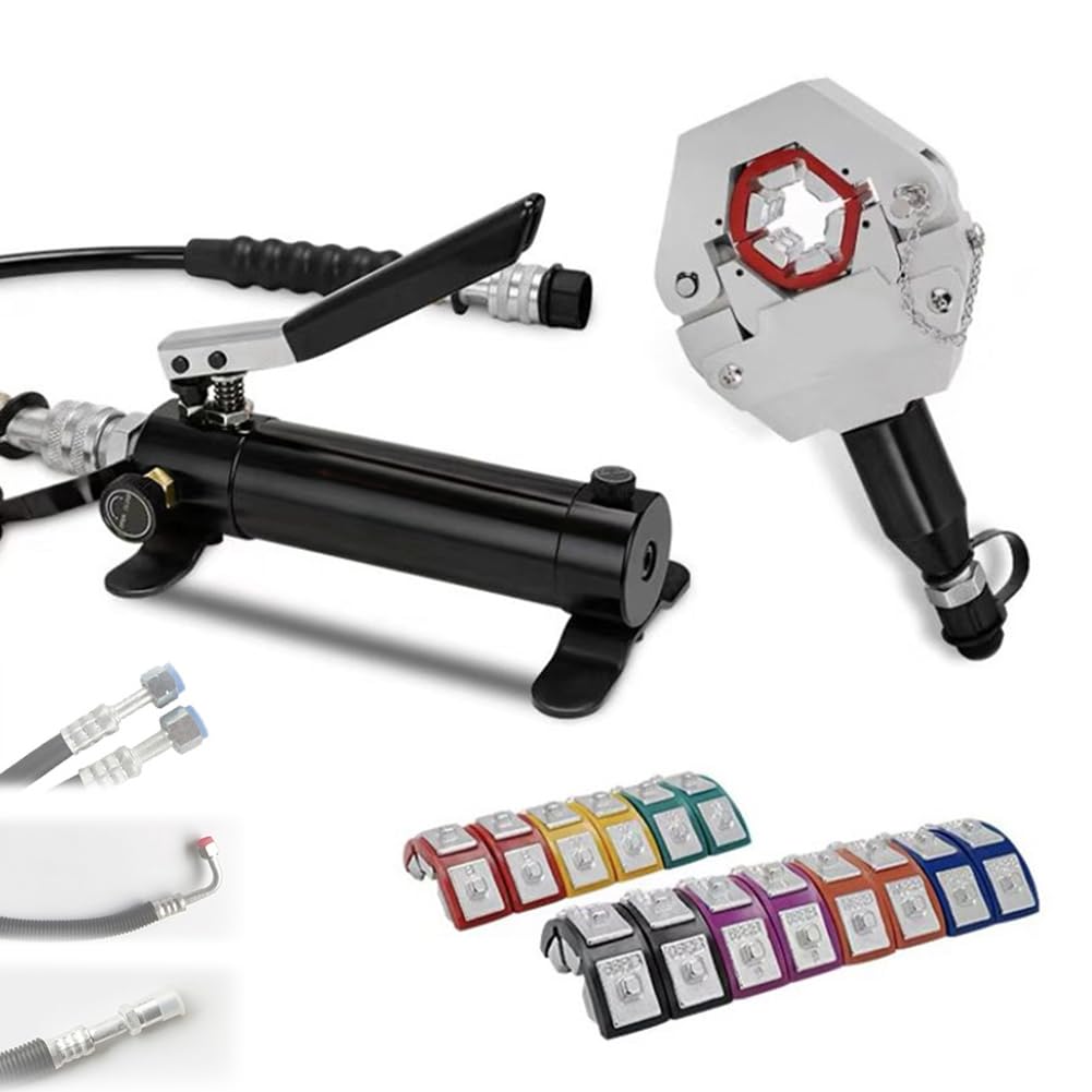 Kit de crimpado de mangueras hidráulicas con 7 matrices para reparación de aire acondicionado automotriz. Rango de crimpado de 3/8 a 7/8 pulgadas, conexiones dentadas y con reborde. Diseño dividido