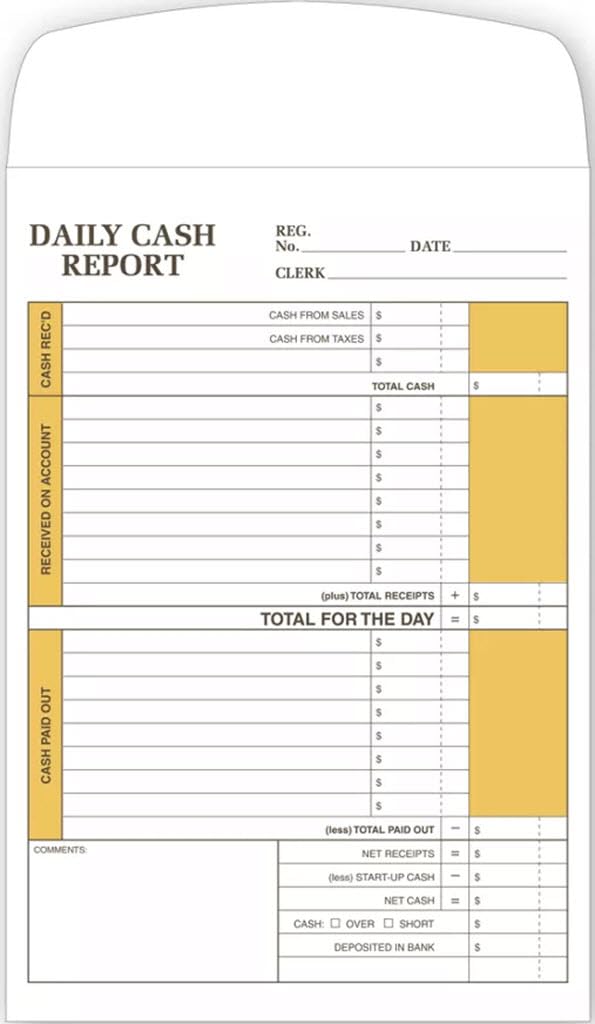 Daily Cash Report Envelope, Size Size: 6 1/2 x 9 1/2, Quantity 250 envelopes