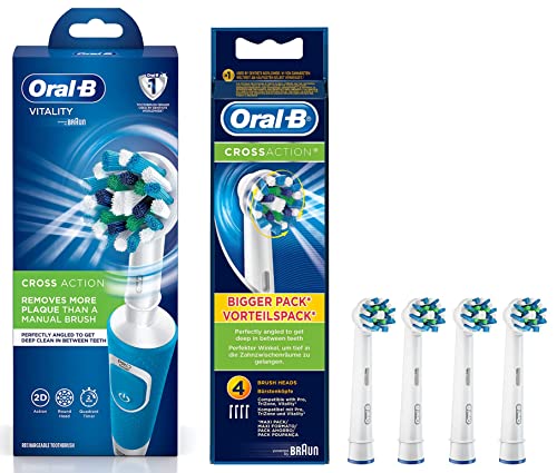 Image of Oral B Vitality 100 Blue Criss Cross Electric Rechargeable Toothbrush Powered by Braun & Oral-B CrossAction Electric Toothbrush Replacement Heads - Pack of 4 - Oral Care Combo