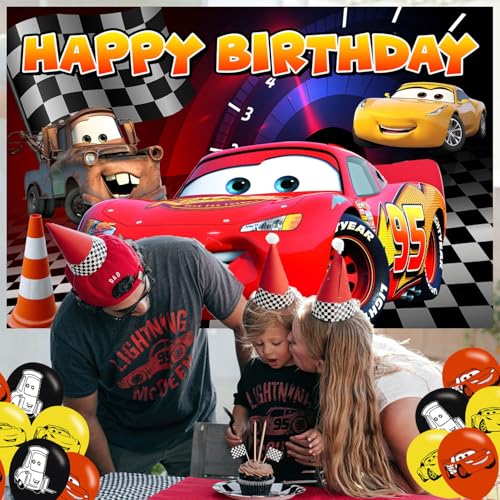 Image of Cartoon Car Birthday Decorations,Anime Backdrops for Party Decorations Supplies,Cartoon Car Happy Birthday Banner Backdrop for Party Supplies (5x3ft)