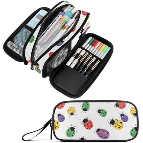 Image of Fustylead Colorful Hand Draw Cute Ladybugs Pencil Pen Case Stationery Bag 3 Compartments School College Office Organizer Cosmetics Bag