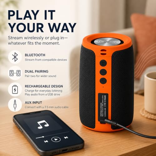 Image of Musibaby M68 Bluetooth Speaker, 12W, IPX5, 24H Playtime, OrangeBlack | Portable, small and compact with USB playback, AUX input, FM radio, TF card playback, up to 24H and dual pairing.