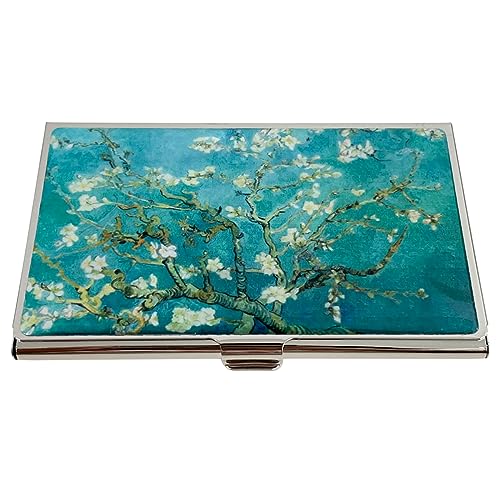 Image of Mother of Pearl Business Card Case Credit Id Name Holder Travel Wallet Art Painting Design Metal Stainless Steel Engraved Slim Purse Pocket Cash Money Wallet (Almond Blossom)