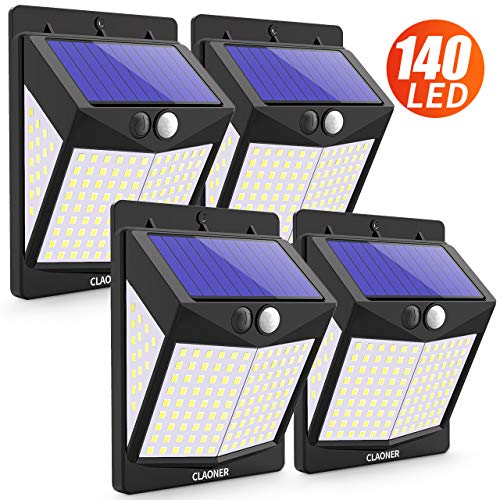 Claoner Lampe Solaire Extérieur, 140 LEDs 2400 Lumens Lumière Solaire Exterieur Detecteur de Mouvement sans Fil IP65 Etanche Lampe Solaire Exterieur Puissante pour Jardin, Chemin-Lot de 4