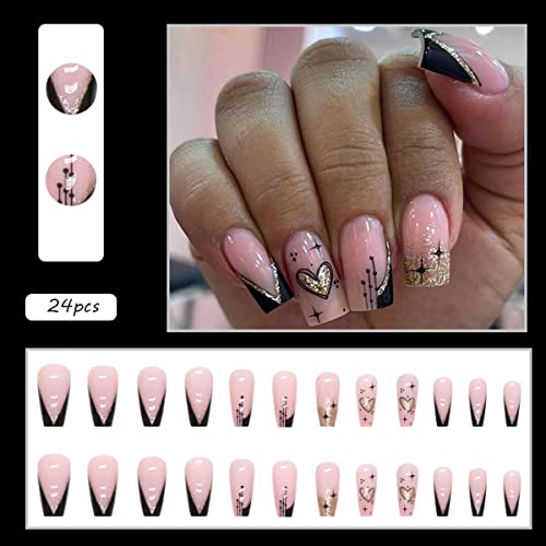 24Pcs Coffin Medium Press On Nails Square Almond Fake Nails With Star Heart Designs Black Glitter French Nail Tip Artificial Nails Glossy Full Cover Nail Stick On Nails For Women Nail Art Decorations #TOP1