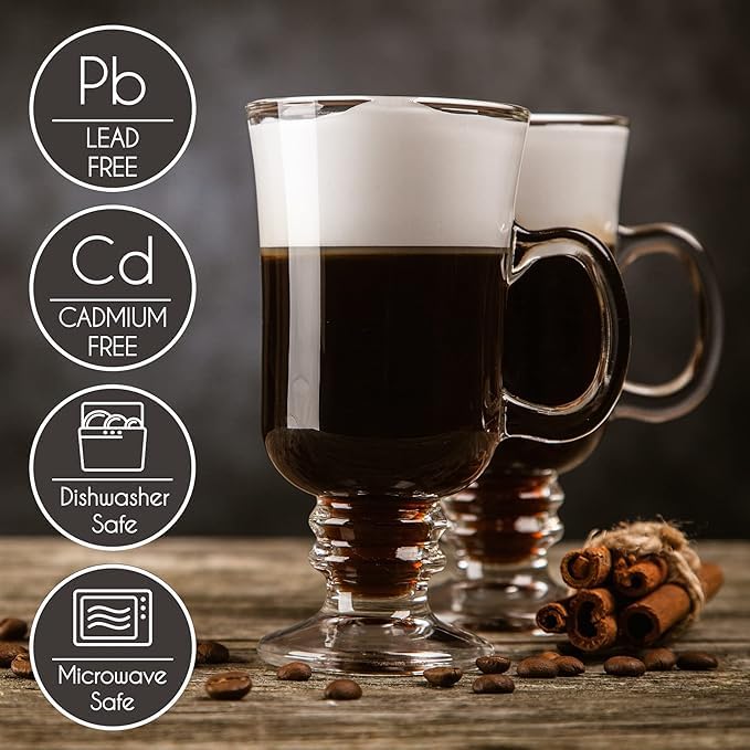 Image of PrimeWorld Glass Coffee Mugs - Set of 2, 230 ml | Clear Glass Latte Cups with Handle | Cappuccino, Hot Chocolate, Tea & Coffee Mugs for Hot Beverages