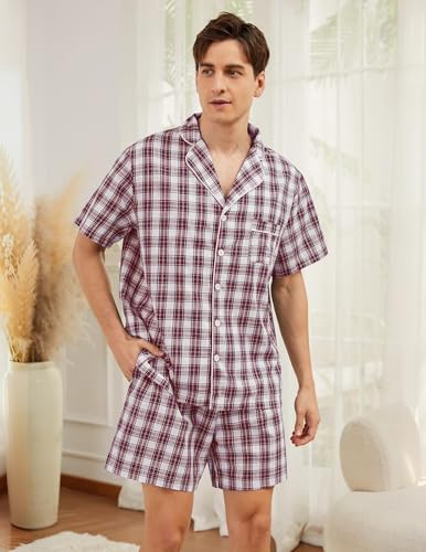 Marvmys Mens 100% Cotton Pajama Set Sleepwear Short Sleeve Pj Set Button Down Lounge Set Plaid Pajamas S-3XL2