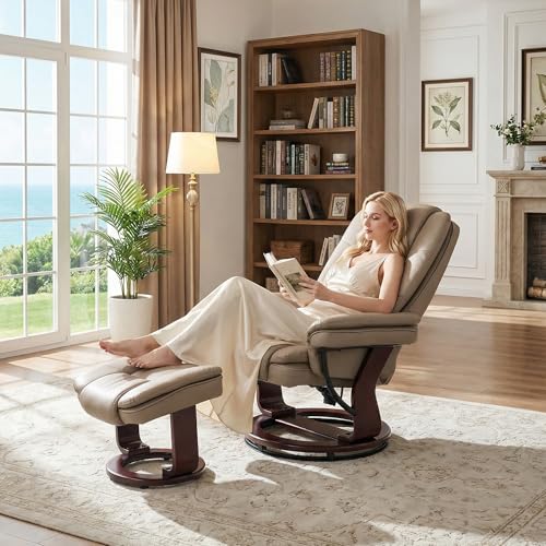 Image of Swivel Recliner Chair with Ottoman Reclining Lounge Sofa Footrest, Set of 2 | 360Sturdy Wood Base, Soft PU Leather, Upholstered Ultra-Plush Foam, Modern Armchair, Living Room Bedroom Office Reading Home