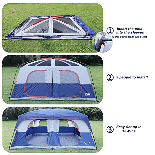 Campros Cp 12 Person Cabin Tent, 2 Room Extra Large Straight Wall Camping Tents Waterproof Windproof With Top Rainfly, 6 Large Mesh Windows, Double Layer, Easy Set Up Family Tent #TOP5