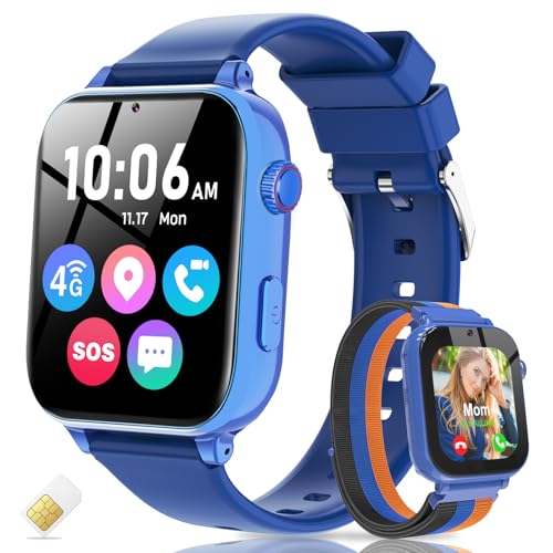 Yiphun 4G Kids Smart Watch with GPS Tracker, Video Call, Texting, and Phone Calls, Smart Watch for Kids with SIM Card, School Mode Alarm Clock SOS Alerts, Watch Gift for Age 4-12 Boys Girls, Bule