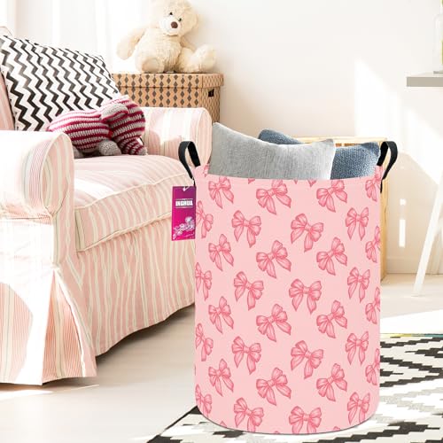 Image of Laundry Hamper Large Canvas Fabric Storage Basket Pink bowknots