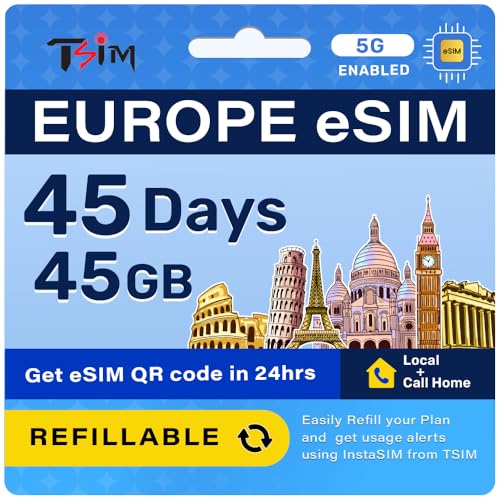eSIM for Europe Travel 45 Days | 200 Minutes Local + USA Calls | 45GB Data | Hotspot Sharing | Instant Activation via QR Code Sent Within 24hrs of Shipping