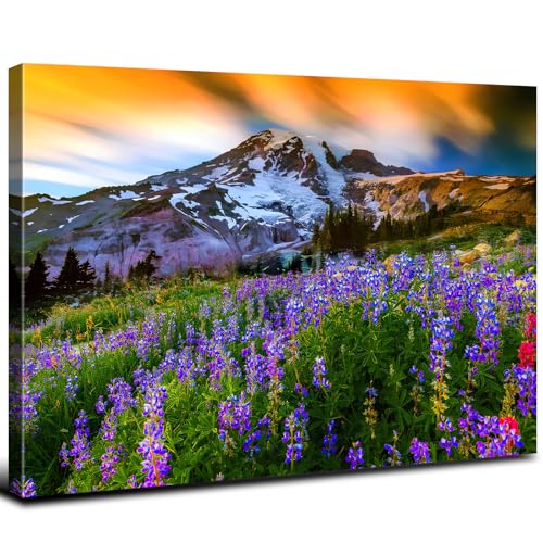 Image of Mt Rainier Mountain Wall Art Sunset Nature Picture Canvas Prints for Living Room Modern Office Home Decor Natural Poster Purple Wildflower Scenic Painting Wilderness Artwork Bedroom Decoration 12x16 inch