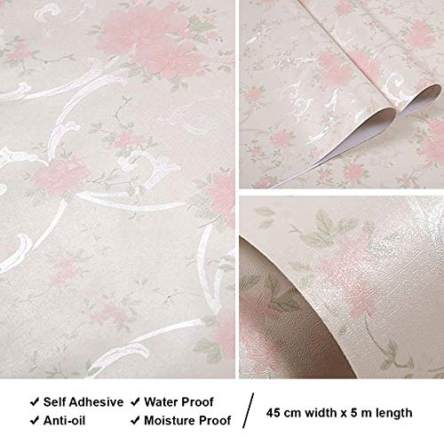 wolpin Wall Stickers Wallpaper Pink Roses (45 x 500 cm) Flower Bouquet Self Adhesive Bedroom Wall Decoration PVC, White