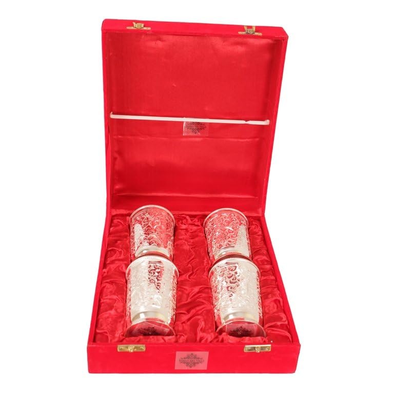Indian Art Villa Silver Plated Glass Set with Floral Design 8 Oz Set of 4 Elegant Drinkware Set