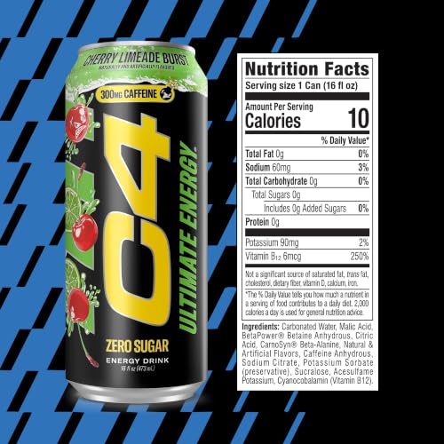 Image of C4 Ultimate Energy Drink, 300mg Caffeine, Zero Sugar, High-Performance Energy for Pre-Workout, Endurance, and Focus, Limeade Cherry Bomb, 16oz (Pack of 12)