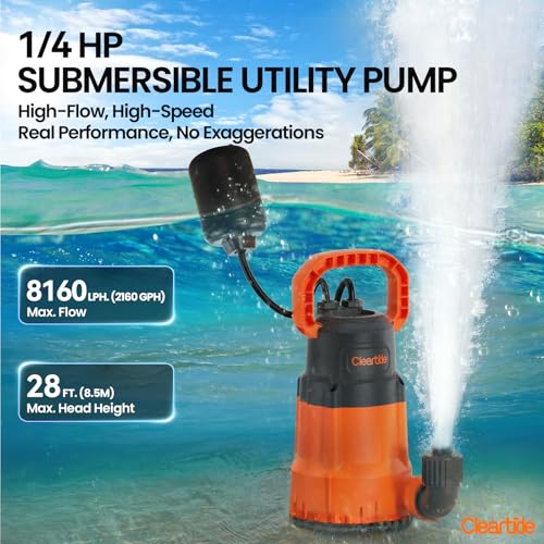 Image of Cleartide Submersible Utility Pump with Float Switch, 2160 GPH High Flow, Water Pump with Copper Motor, Ideal for Yard and Flooded Cellar, Hot Tub, Garden Irrigation