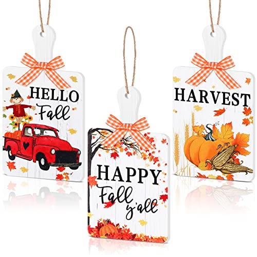 Yookeer 3 Pieces Thanksgiving Hello Fall Signs Leaf Fall Decor Wooden Wall Decor Farmhouse Wood Hanging Signs for Home Kitchen Decor