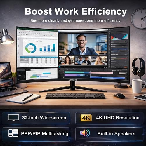 Image of XUNDEFINED 32 Inch 4K 60Hz Curved Monitor, UHD(3840 x 2160) VA Computer Monitor, 3000:1 Contrast, sRGB 120%, Blue Light Filter, Free-Sync with HDMI, DisplayPort for Home and Office