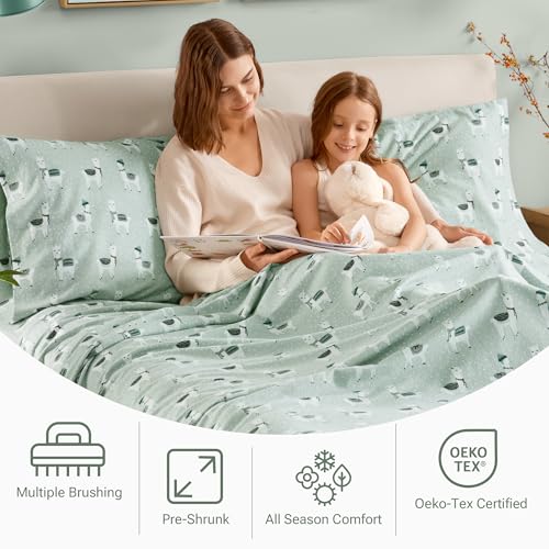 True North by Sleep Philosophy Cozy Flannel Warm 100% Cotton Sheet - Novelty Print Animals Stars Cute Ultra Soft Cold Weather Bedding Set, Twin XL, Seafoam Llama 3 Piece