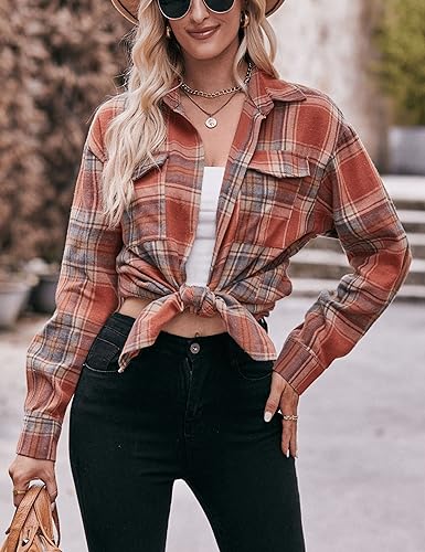 Womens Oversized Flannel Plaid Shirts Casual Button Down Blouse Tops with Pockets3
