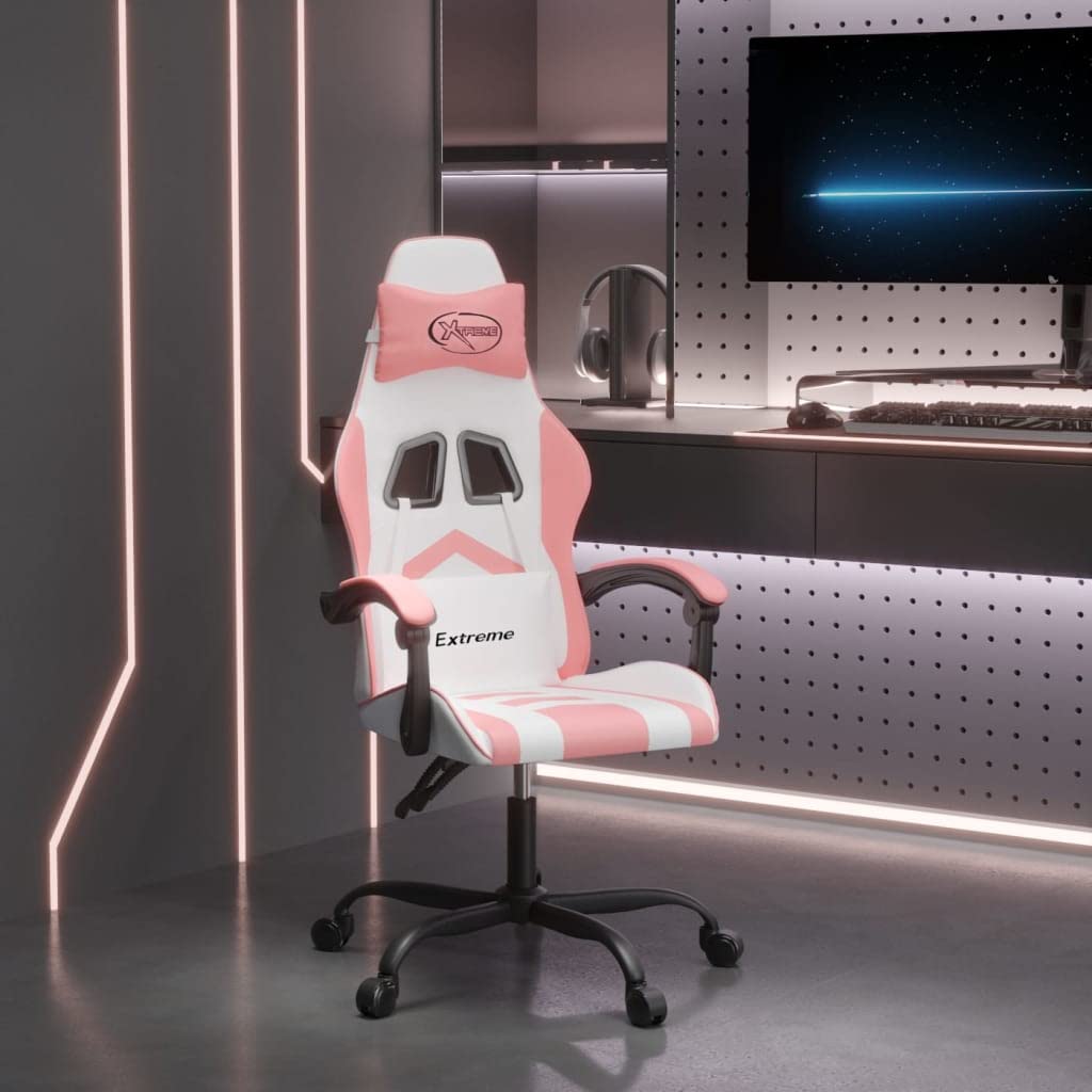 Gaming-Stuhl Weiß Rosa Kunstleder mit Wippfunktion und Lenden Nacken Kissen Ergonomisch, Drehbar, Verstellbare Rückenlehne, Fußstütze, für Homeoffice, Jugend, PC, Esport, bequem