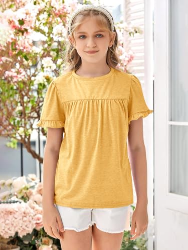 Image of Ebifin Girls Short Sleeve Tops Kids Peplum Babydoll T Shirts Tees 4-15Y | Girls T-Shirts, Crew neck Short Sleeve Shirts, Casual Tunic Tops, Cute Blouses, Summer Tees, Ruffle Hem, Loose fit