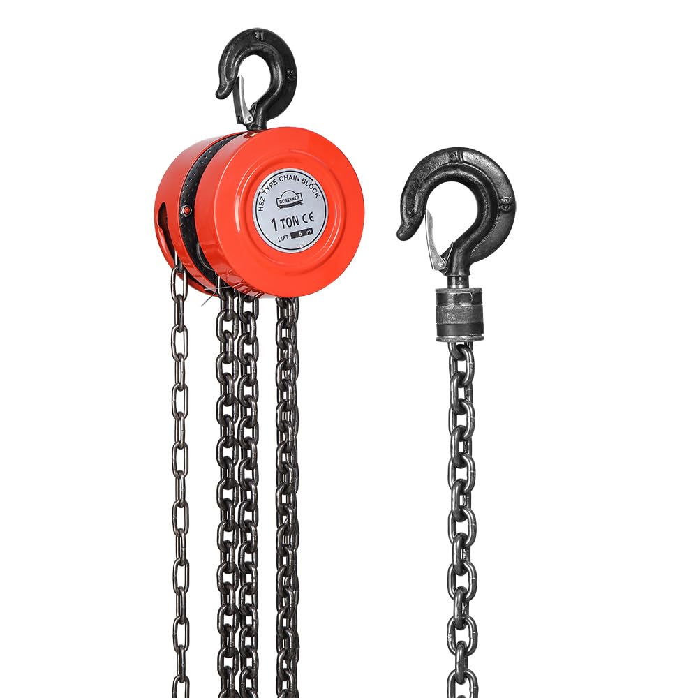 Kettenzug Mit Robustem Haken DEWINNER, Handseilwinde 6,0 m Kette & 1000Kg Tragkraft, Doppelte Ladekette, Kette G80, Hebehaken mit Sicherheitm,Rot (1 Tonne 6 m)