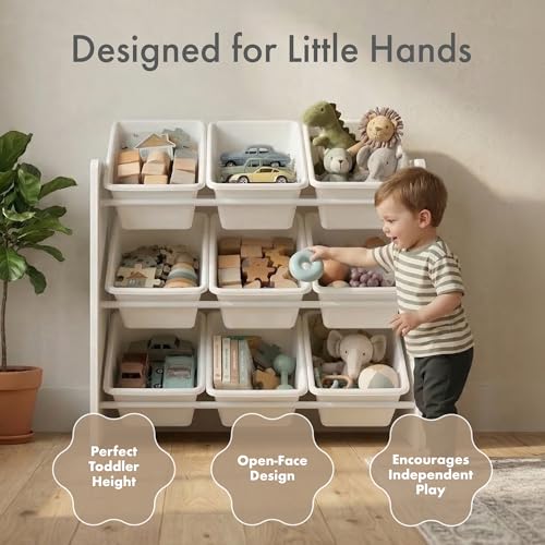 Image of Humble Crew Toy Storage Organizer with 9 Removable Storage Bins for Kids Playroom, 3-Tier Toddler Toy Organization and Storage, White /White