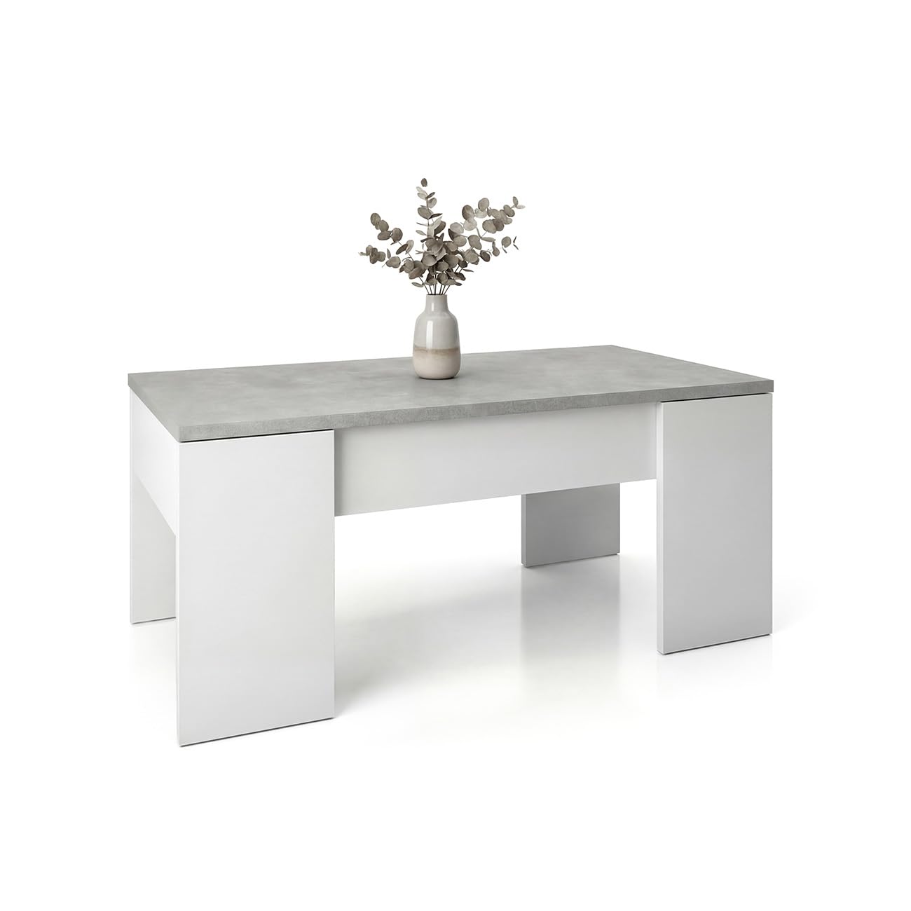 duehome | Mesa de Centro Elevable, Mesita de Salón o Comedor, Modelo Vita, Acabado en Color Blanco Artik y Cemento, Medidas: 100 cm (Largo) x 50 cm (Ancho) x 45-53 cm (Alto)