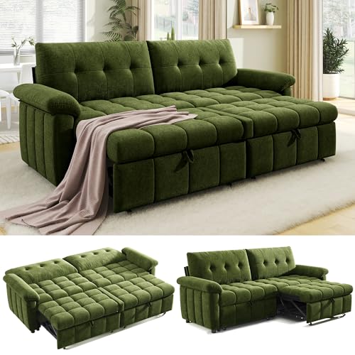 Jocisland 93” 4-in-1 Convertible Sofa Bed, Full Size Cloud Sleeper Sofa, Tufted Chenille, 5-Position Adjustable Backrest, 10-Minute Tool-Free Assembly, Couches for Living Room Guest Room, Green