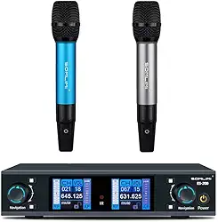 SOMLIMI ES200 Microfone sem fio duplo canal metálico para palco performance igreja ktv festa (ES200-Cinza + Azul)