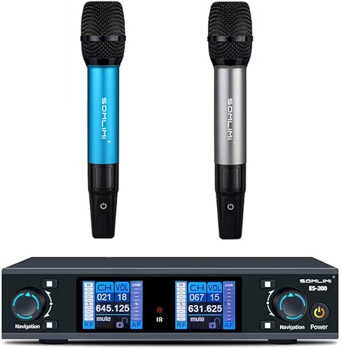 SOMLIMI ES200 Microfone sem fio duplo canal metálico para palco performance igreja ktv festa (ES200-Cinza + Azul)
