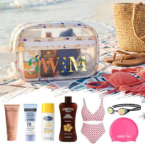Image of COSHAYSOO Clear SWIM Bag Swimming Pool Accessories Cute Swimmer Team Gifts for Women Teen Girls Bikini Swimsuit Goggle Cap Sunscreen Makeup Storage, Waterproof Beach Vacation Summer Travel Essentials