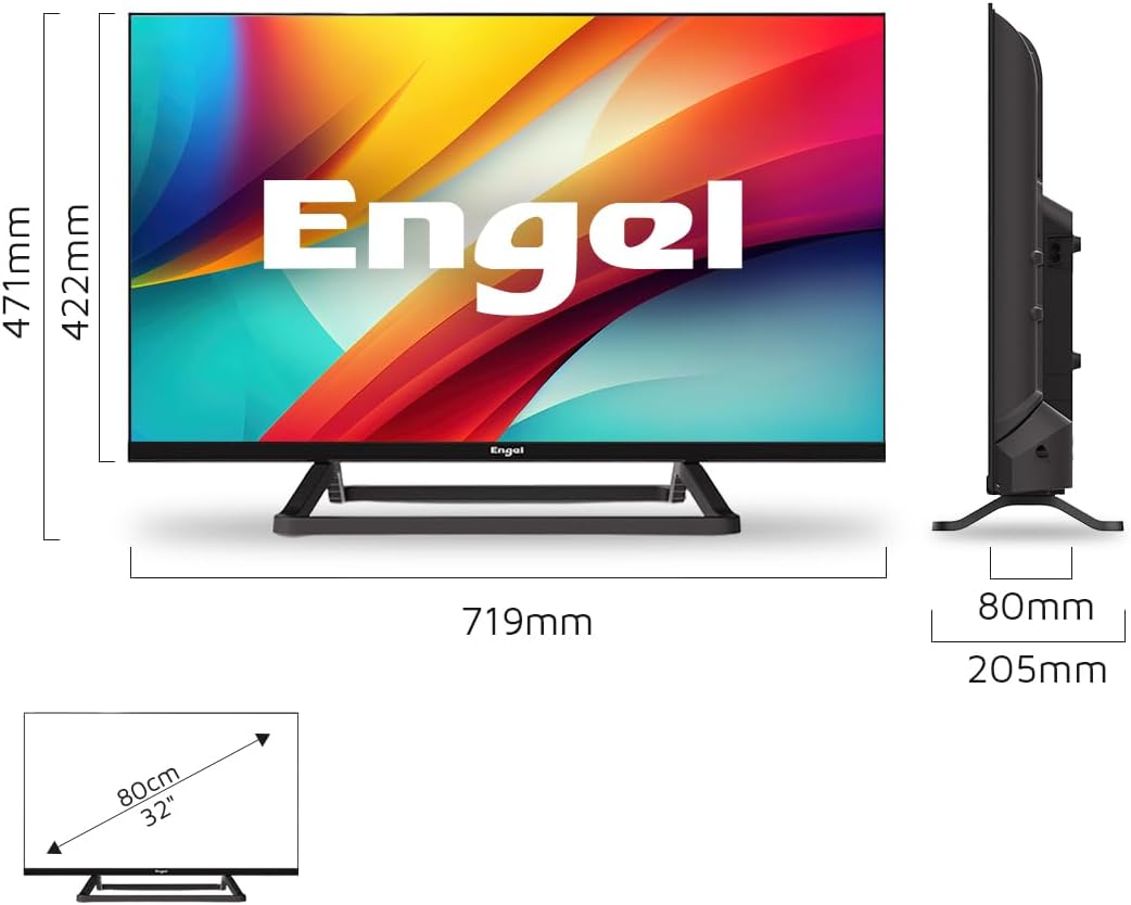 Diagram showing the dimensions of the Engel LE3286SM TV: 719mm width, 471mm height (with stand), 422mm height (without stand), 80mm depth (TV), 205mm depth (with stand).
