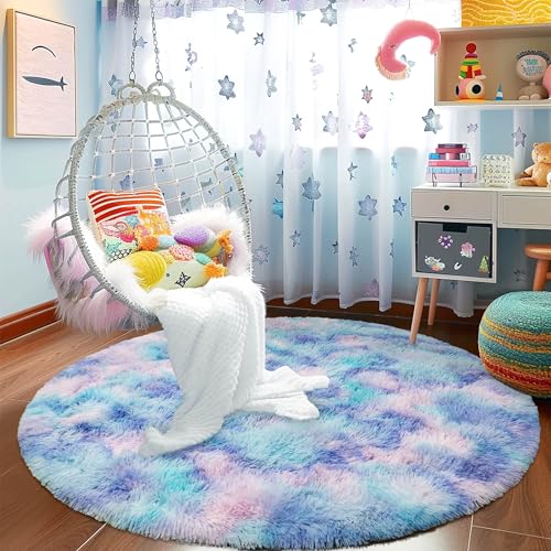 Fluffy Tie-dye Blue Circle Rug - 4FT Super Soft Plush Shaggy Carpet for Kids' Room