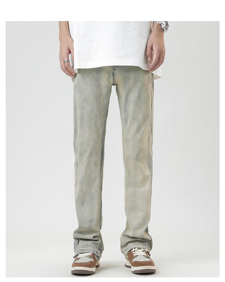 Men's Pale Yellow Straight Leg Jeans Summer Casual Long Pants4