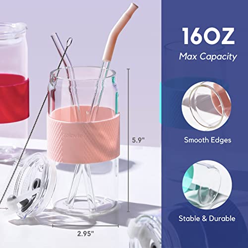 Colovie Glass Tumbler With 3 In 1 Lids And Glass Straws(Extra Silicone Tips), Silicone Protective Sleeve, Iced Coffee Cup, Travel Water Bottle, Soda Beer Can Shaped Cups, Hot Tea-Chalk Pink 16Oz 1Pc #TOP6