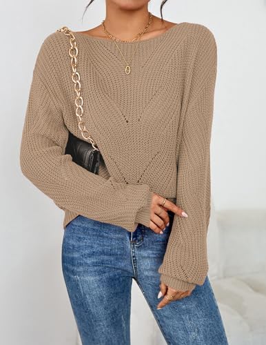 Womens Oversized Lightweight Off The Shoulder Sweater Fall 2024 Sexy Crochet Knit Hollow Out Pullover Tops4
