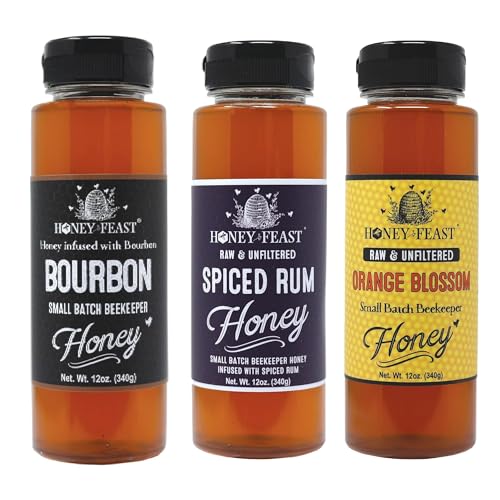 HONEY FEAST Coffee Lovers Honey Trio – Includes 12oz Bourbon, Spiced Rum, and Orange Blossom Honey – Perfect for Coffee, Tea, Lattes, and Gourmet Gifting