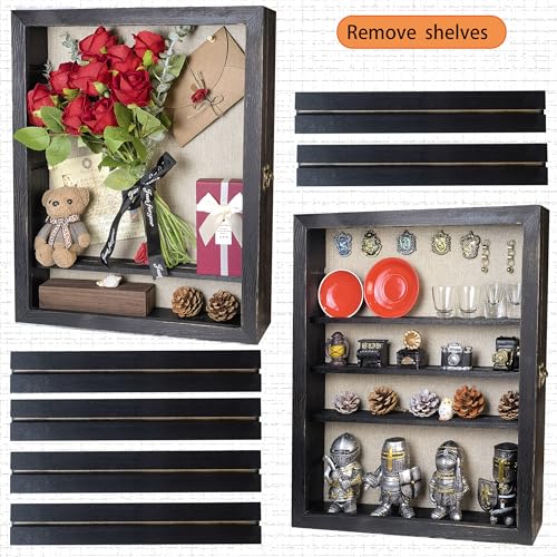 Image of Black Shadow Box Frame 16x20 Shadow Box with Shelves 2.6 inch Interior Depth Memorial Shadow Box Display Case with Linen Back for Handicrafts,Picture Frames,Medals,Coins,Pins Collection and More