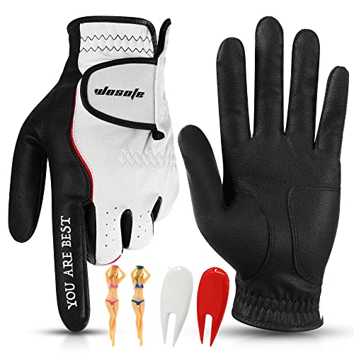 wosofe Men’s Golf Gloves Left Hand Soft Leather Excellent Grip Breathable Comfortable Fit All Weather with Golf Tee and Divot Repair Tool (X-Large)