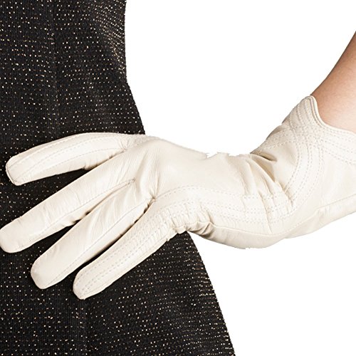 Nappaglo Nappa Leather Gloves Warm Lining Winter Handmade Curve Imported Leather Lambskin Gloves for Women (M Creamy White)