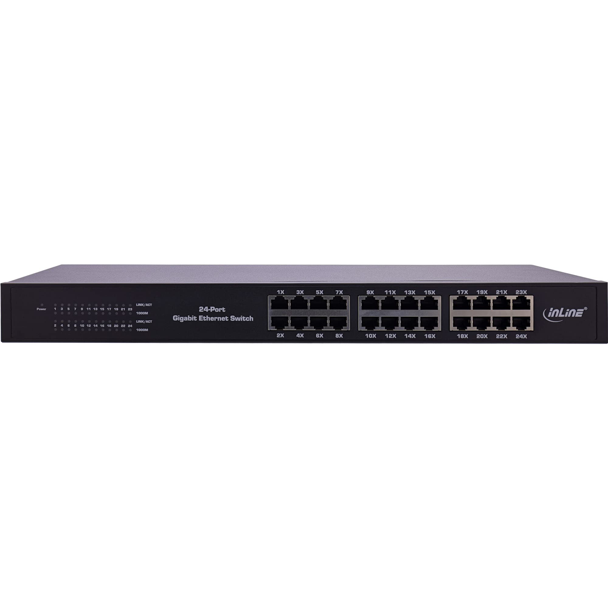 InLine® Conmutador de Red Gigabit (24 Puertos, 1 GBit/s, 48,26 cm/19", Metal, sin Ventilador)