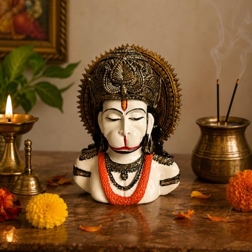 Image of eCraftIndia White Lord Hanuman Ji Idol for Home Decor | Hanuman Bust Statue with Intricate Detailing | Spiritual Decorative Showpiece for Temple, Living Room & Gifting