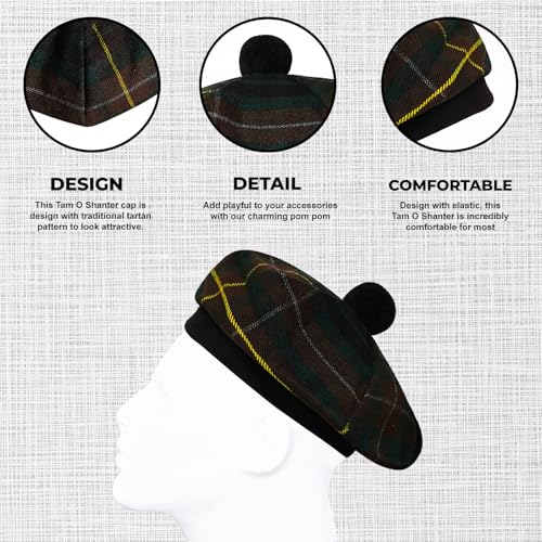 Image of Scottish Tam O' Shanter Hat Tartan Bonnet Pom Pom Wool Flat Cap One Size